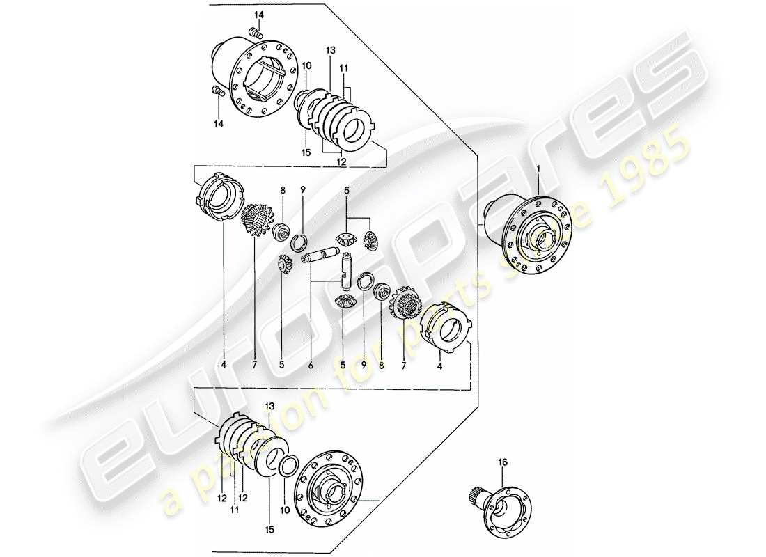porsche 1986 (911) diferencial de deslizamiento limitado diagrama de piezas