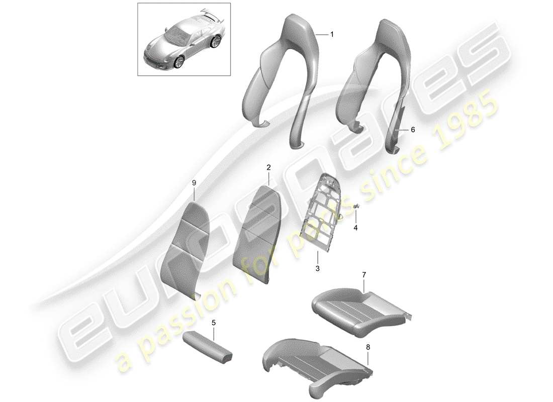porsche 991r/gt3/rs (2015) diagrama de piezas de la pieza de espuma
