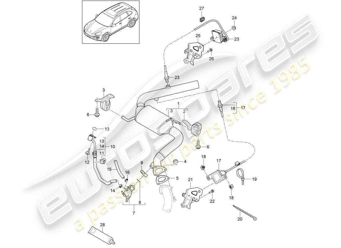 porsche 2013 (cayenne e2 92a) sistema de escape convertidor catalítico inyector de agente reductor sensor de nox 2 sensor de partículas diagrama de piezas