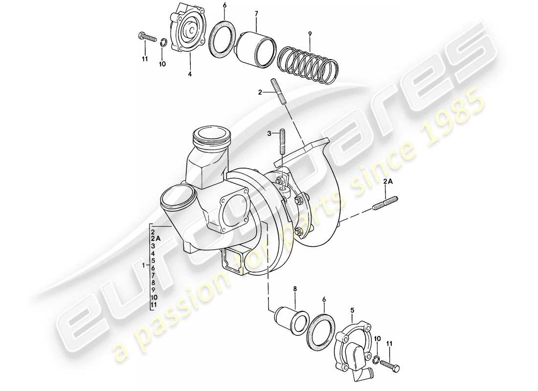 porsche 1977 (924) turbocompresor de gases de escape diagrama de piezas