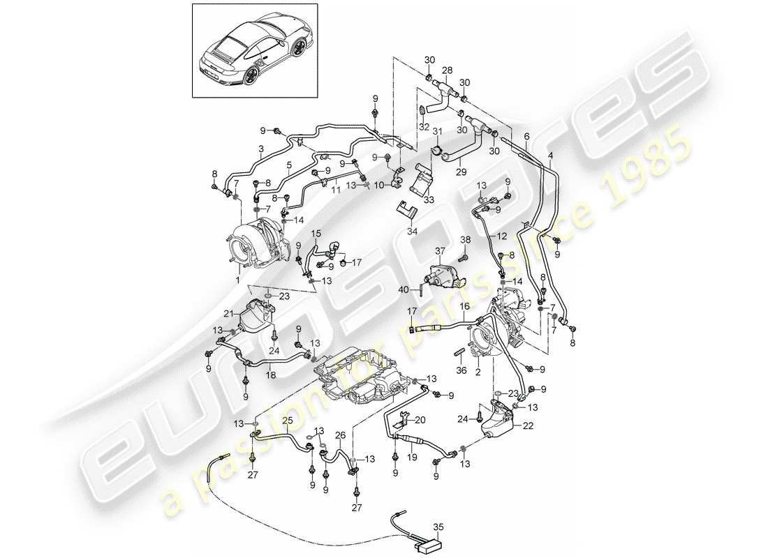 porsche 911 t/gt2rs (2011) diagrama de piezas del turbocompresor de gas de escape