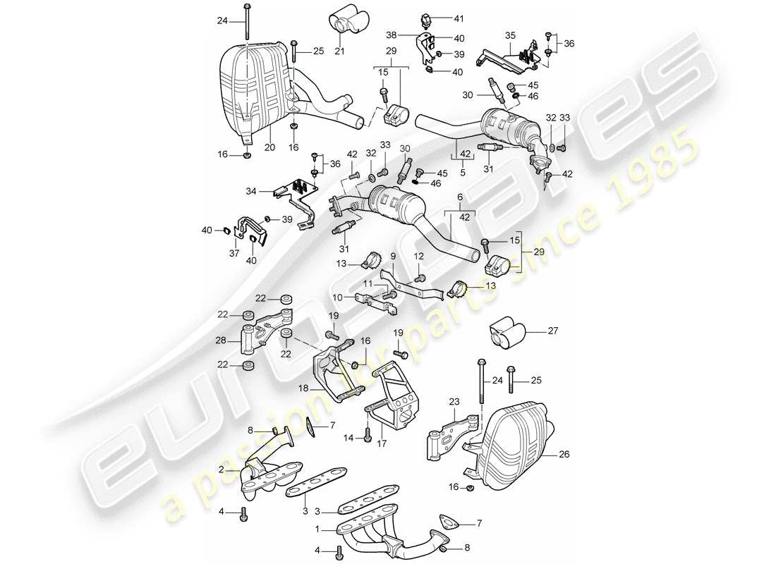 porsche 2007 (997-1) sistema de escape diagrama de piezas