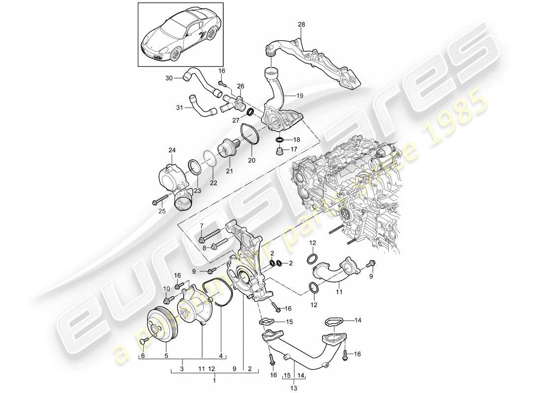 porsche 2011 (987 cayman) diagrama de piezas de la bomba de agua