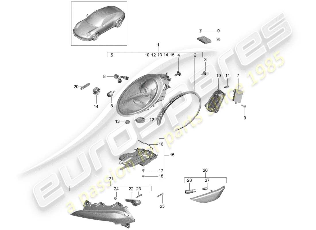porsche 2014 (991-1) diagrama de piezas del faro