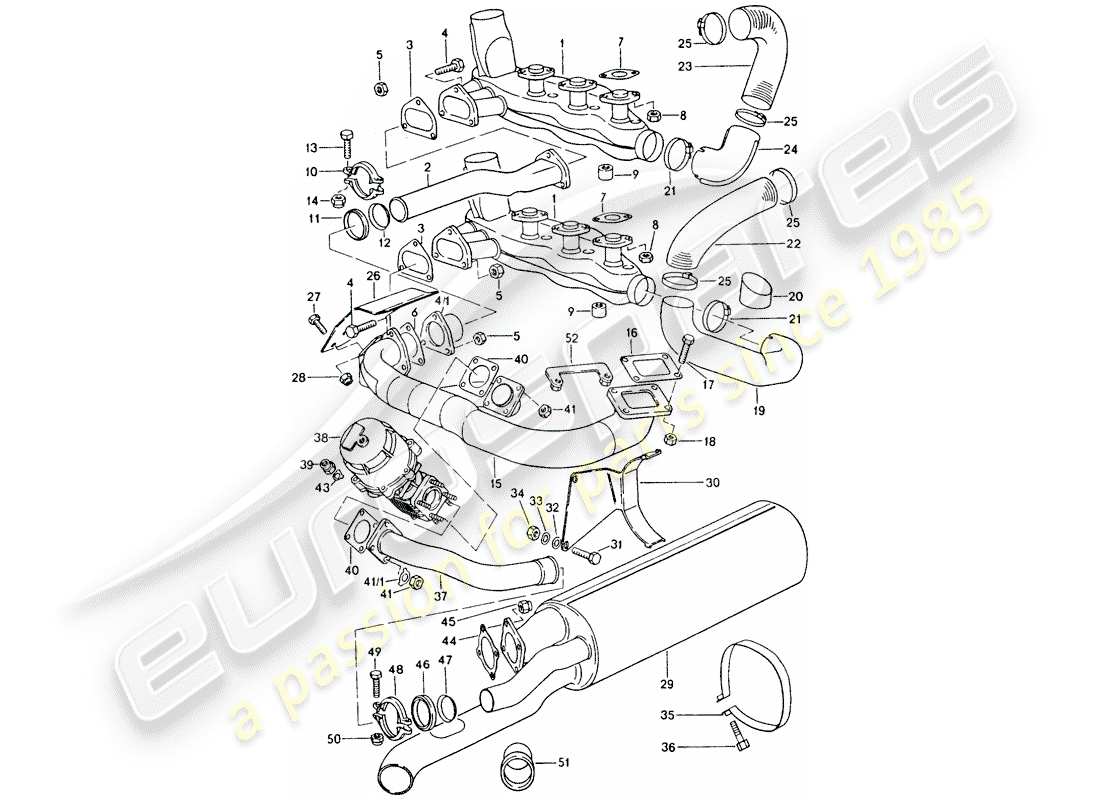 porsche 1976 (911 turbo) sistema de escape diagrama de piezas