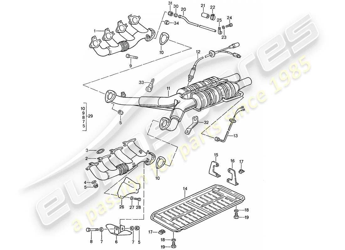 porsche 1989 (928) sistema de escape - catalizador diagrama de piezas