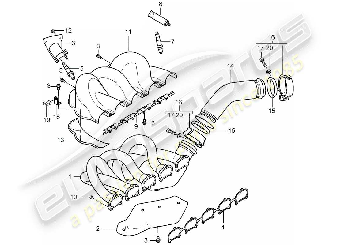 porsche 2004 (carrera gt) sistema de escape - colector de escape - catalizador - cil. 1 - 5 diagrama de piezas