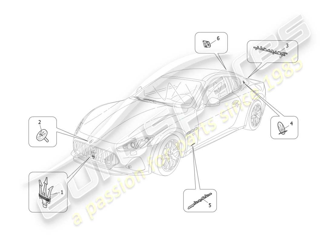 maserati granturismo s (2020) diagrama de piezas de adornos, marcas y símbolos