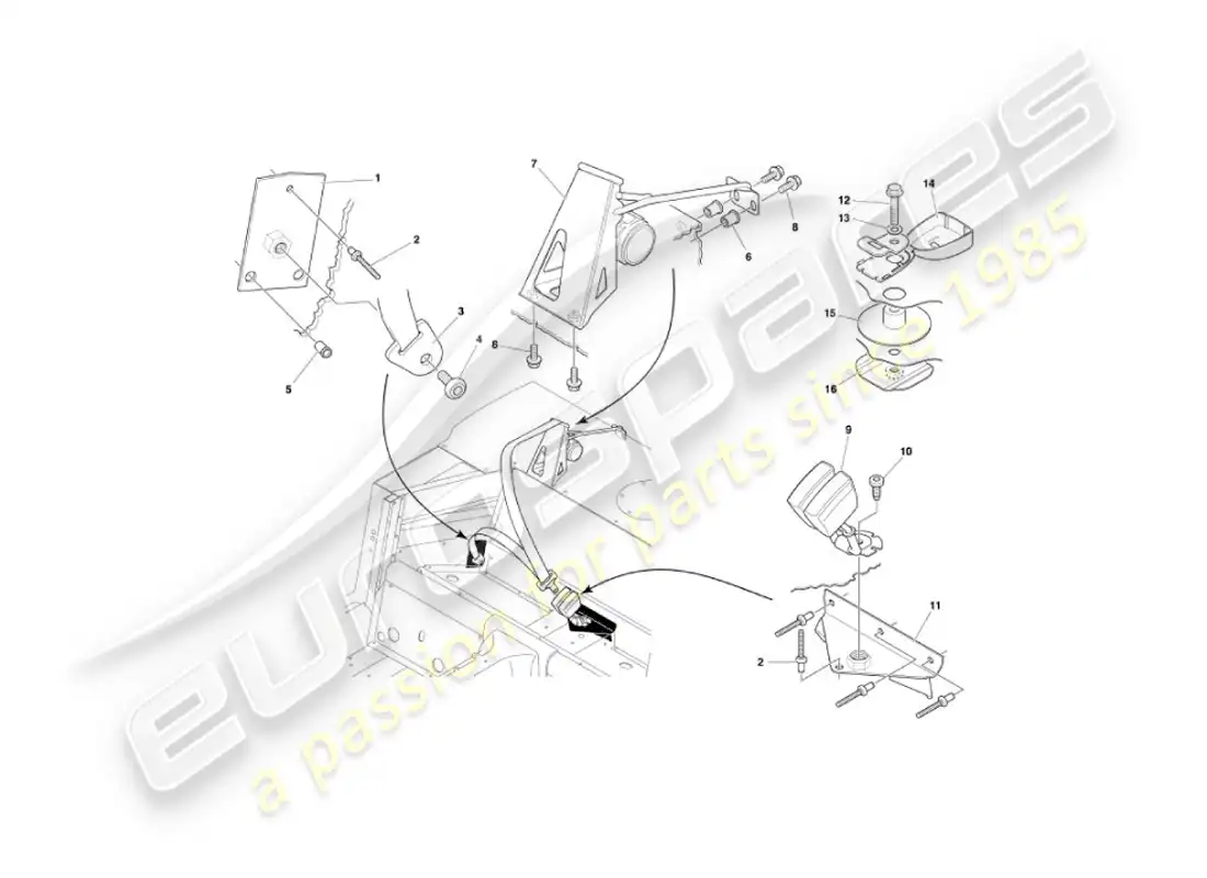 aston martin vanquish (2004) cinturones de seguridad traseros diagrama de piezas