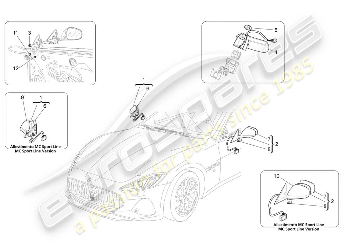 maserati granturismo s (2020) diagrama de piezas de los espejos retrovisores internos y externos