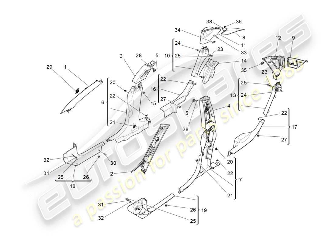 maserati qtp 3.0 bt v6 410hp (2014) diagrama de piezas de paneles laterales y embellecedores del pilar b del compartimento de pasajeros