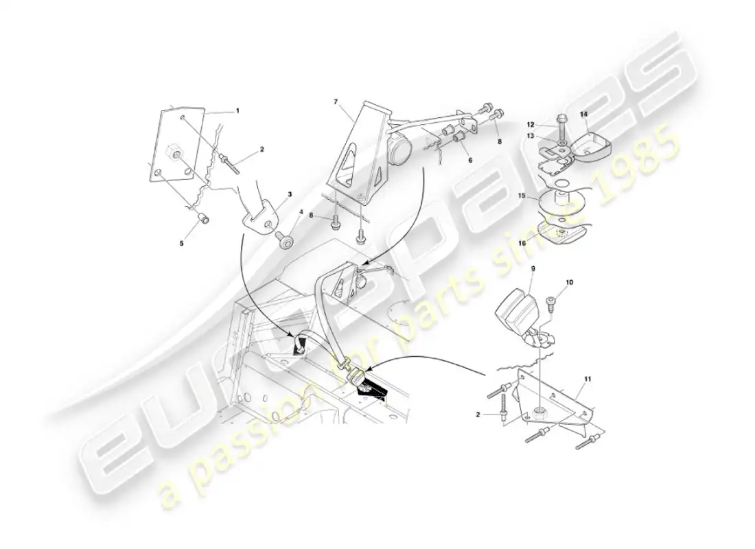 aston martin vanquish (2005) cinturones de seguridad traseros diagrama de piezas