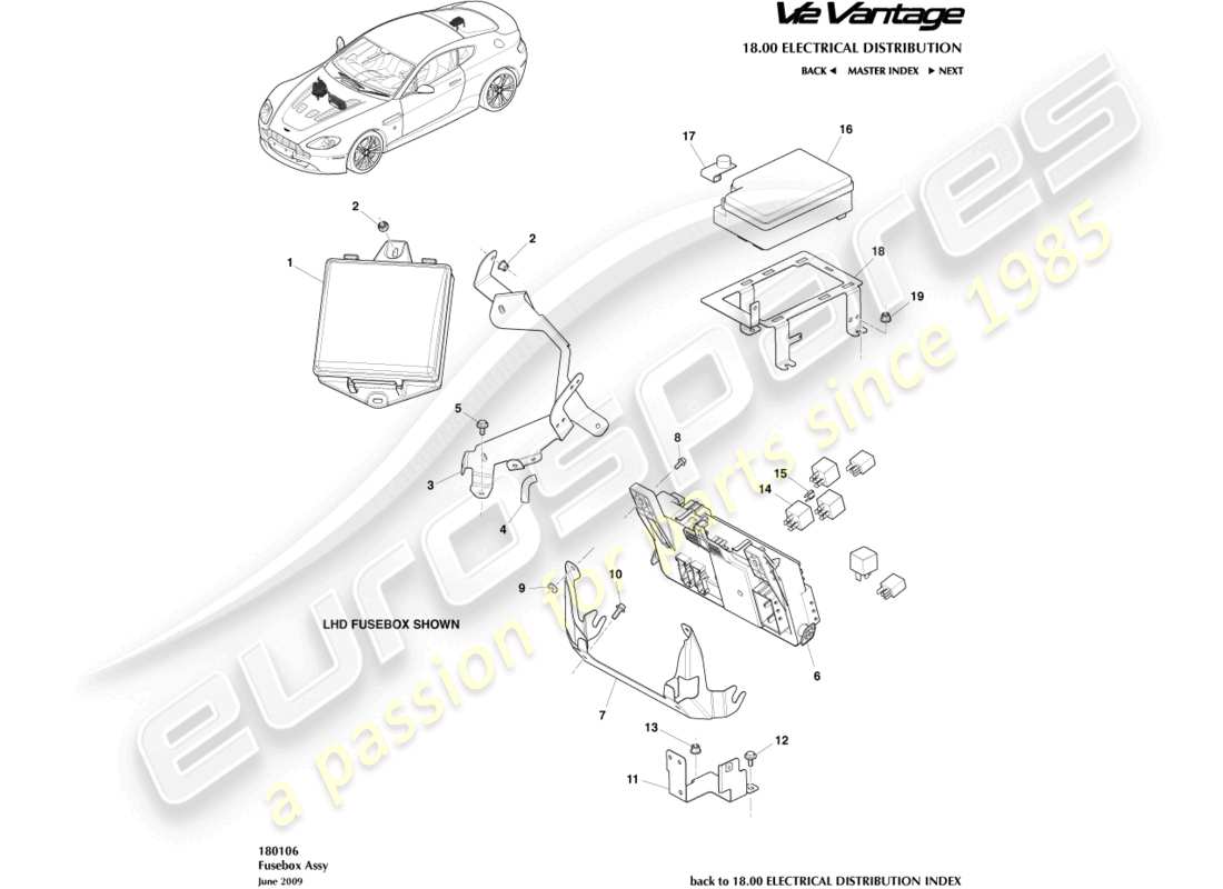 aston martin v12 vantage (2011) diagrama de piezas de los paneles de fusibles