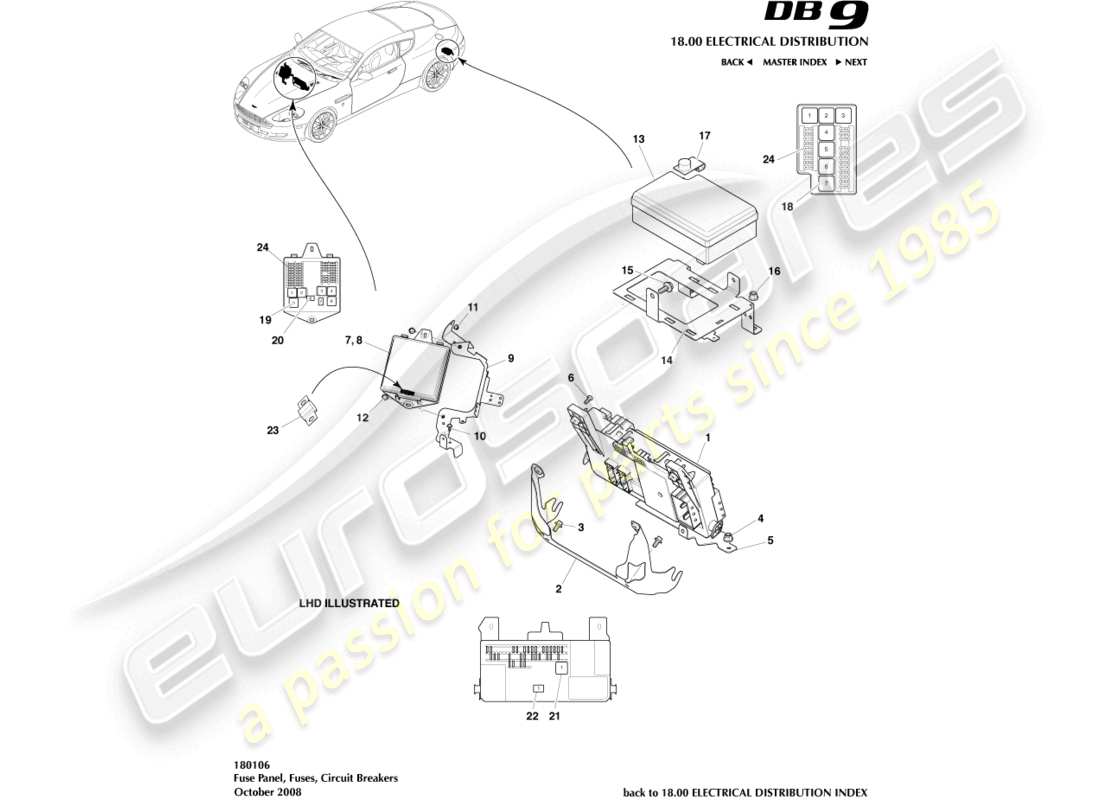 aston martin db9 (2007) paneles de fusibles diagrama de piezas