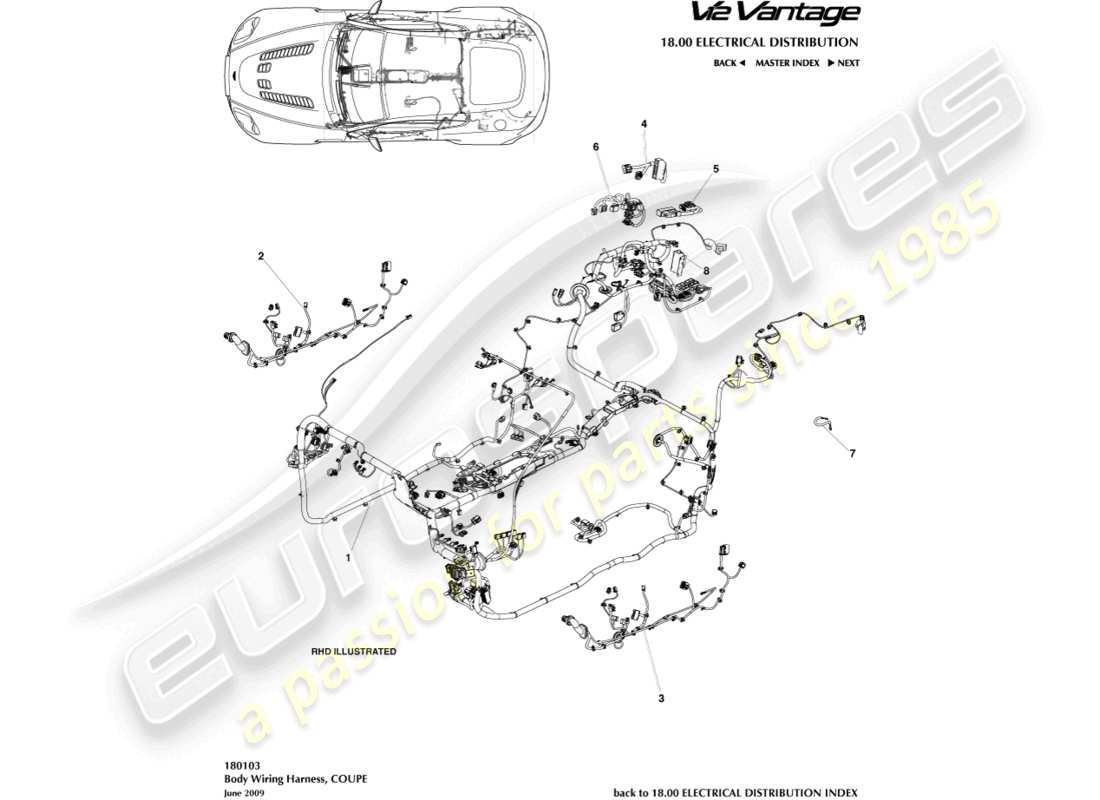 aston martin v12 vantage (2011) arnés corporal, diagrama de piezas del cupé