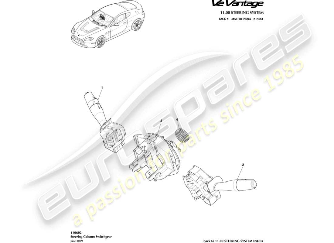 aston martin v12 vantage (2011) diagrama de piezas del interruptor de la columna de dirección