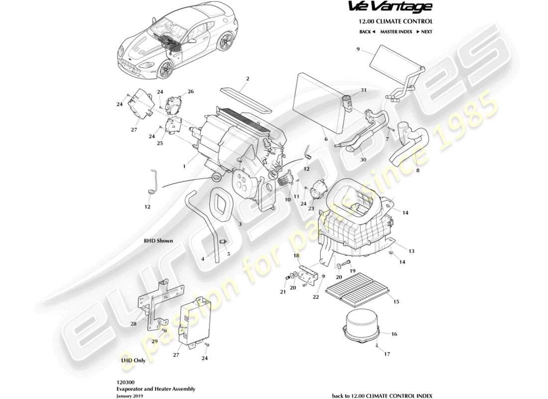 aston martin v12 vantage (2013) diagrama de piezas del evaporador y calentador