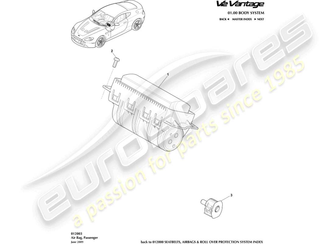 aston martin v12 vantage (2013) diagrama de piezas del airbag del pasajero