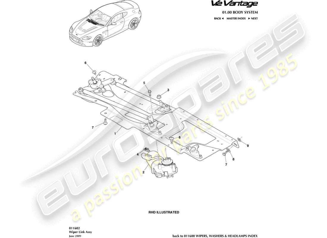 aston martin v12 vantage (2010) diagrama de piezas del conjunto del varillaje del limpiaparabrisas