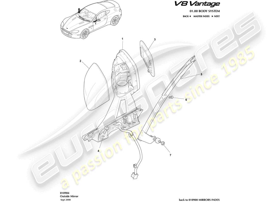 aston martin v8 vantage (2018) diagrama de piezas de los espejos retrovisores exteriores