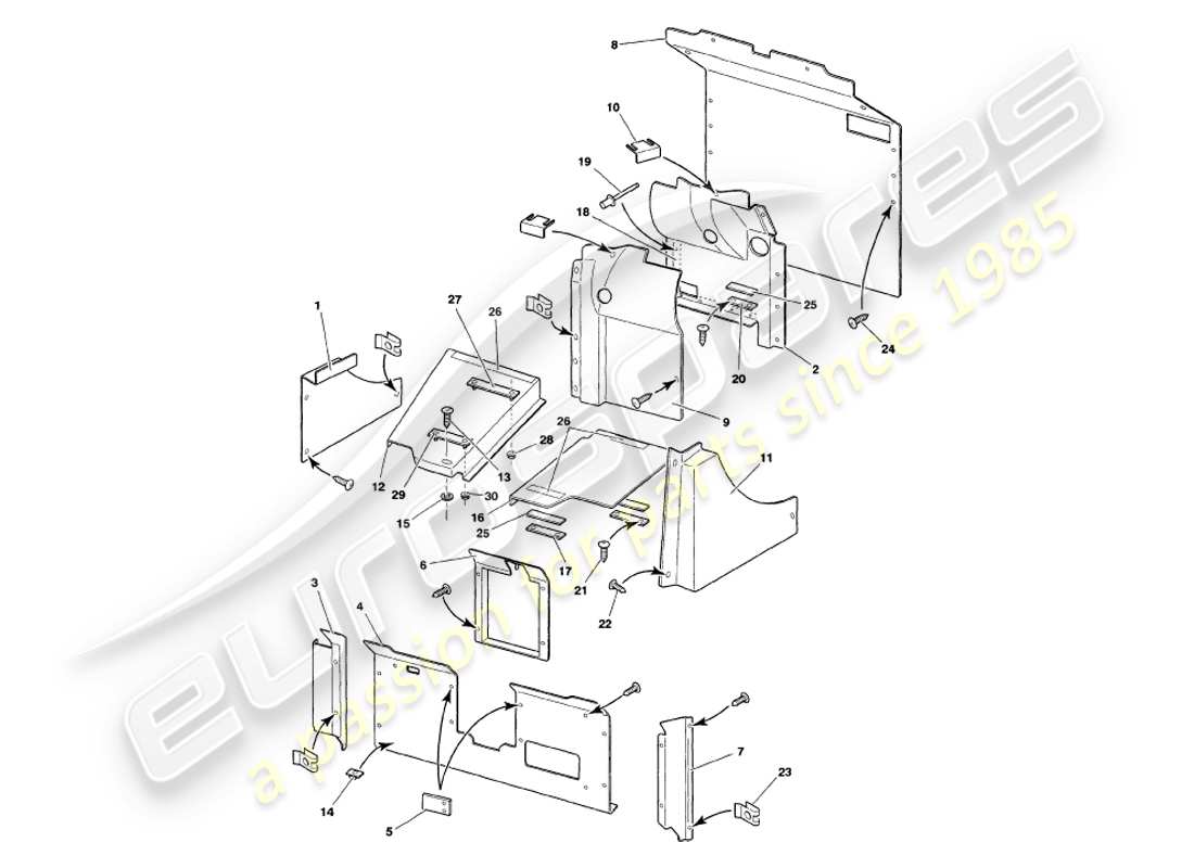 aston martin v8 volante (1998) diagrama de piezas del embellecedor del maletero
