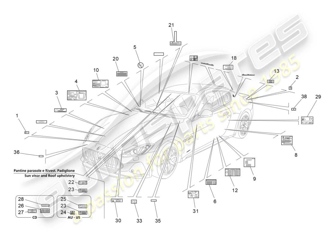 maserati granturismo s (2018) diagrama de piezas de pegatinas y etiquetas