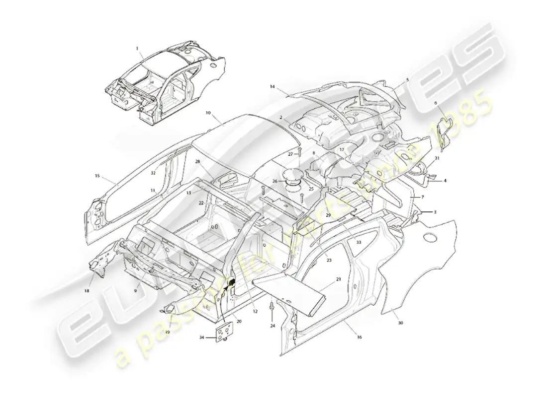 aston martin vanquish (2007) estructura del cuerpo diagrama de piezas