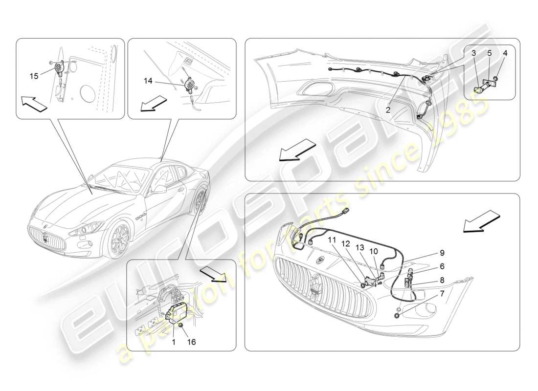 maserati granturismo (2008) diagrama de piezas de los sensores de estacionamiento