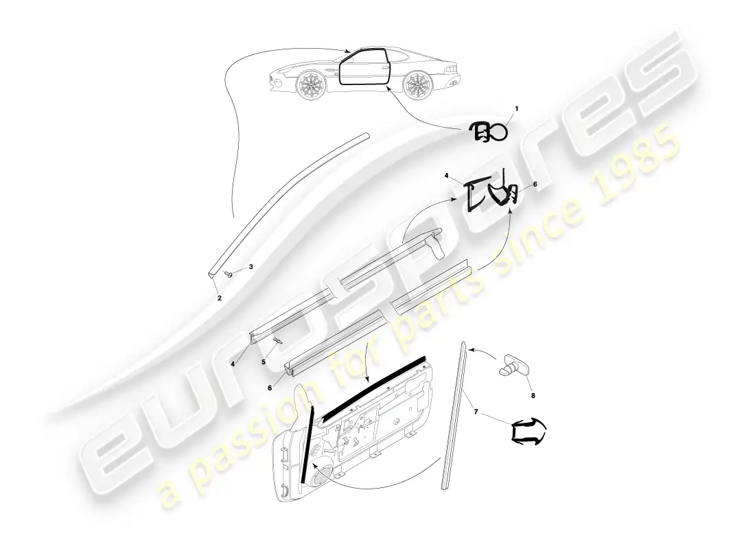 aston martin db7 vantage (2003) diagrama de piezas de los sellos de las puertas del cupé
