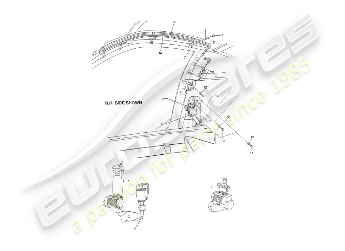 aston martin v8 virage (1999) equipamiento interior, cinturones de seguridad de ee. uu. diagrama de piezas