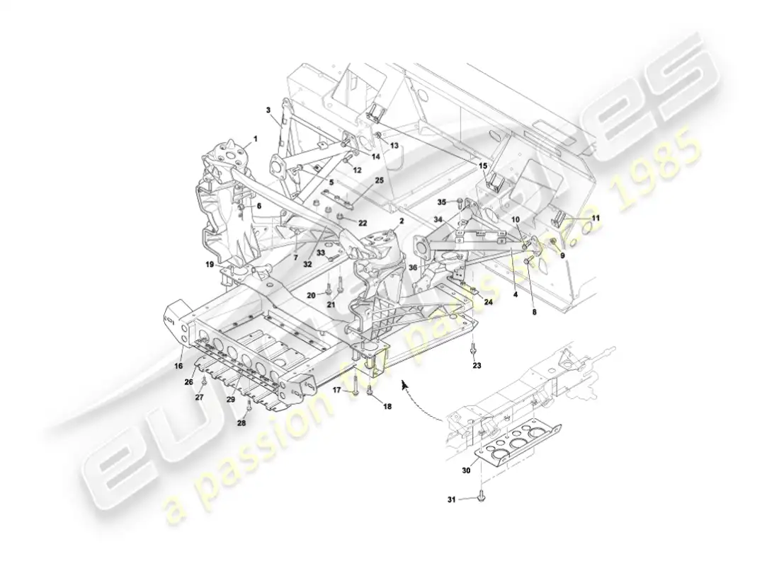 aston martin vanquish (2006) estructura de soporte del cuerpo delantero diagrama de piezas