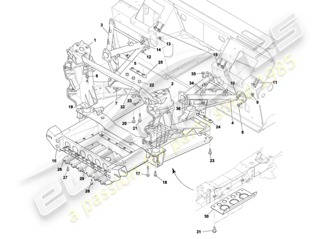 aston martin vanquish (2002) estructura de soporte del cuerpo delantero diagrama de piezas