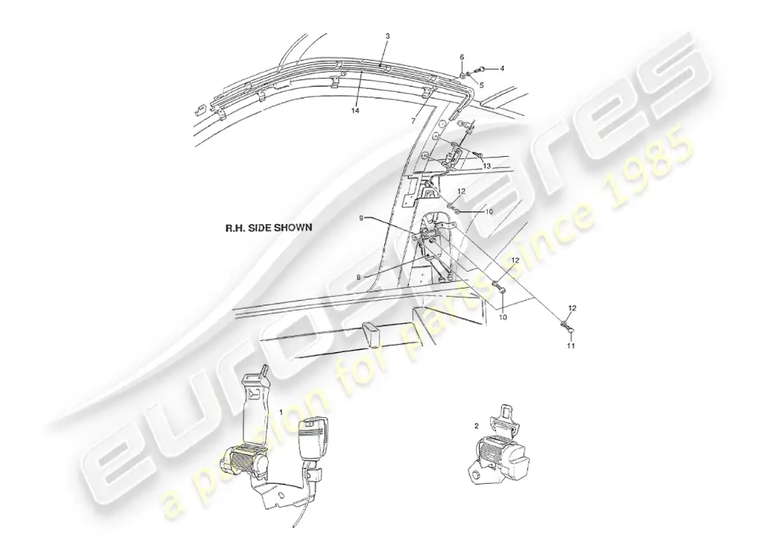 aston martin v8 virage (2000) equipamiento interior, cinturones de seguridad de ee. uu. diagrama de piezas