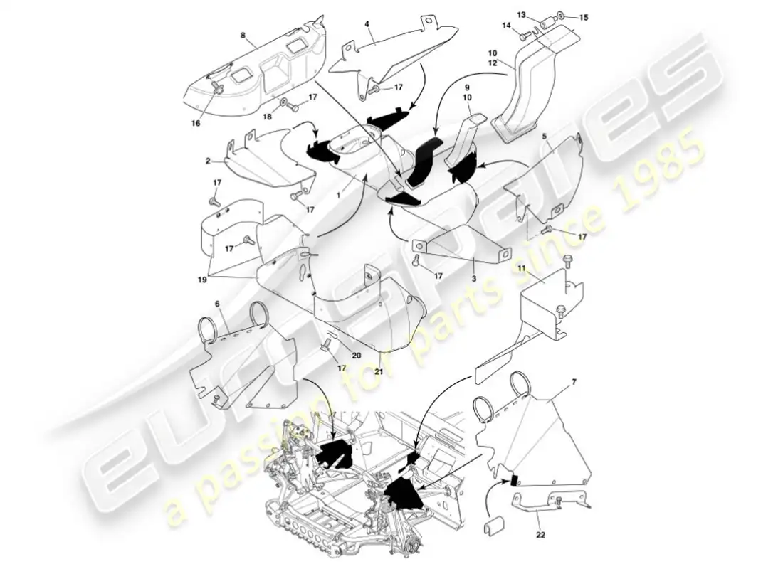 aston martin vanquish (2001) deflectores y escudos térmicos diagrama de piezas