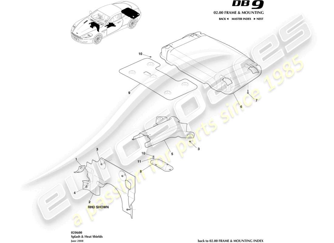 aston martin db9 (2012) escudos contra salpicaduras y calor diagrama de piezas