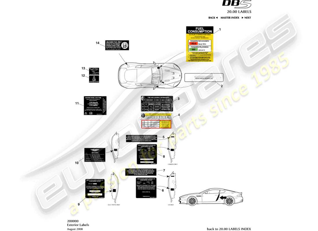 aston martin dbs (2009) etiquetas exteriores diagrama de piezas