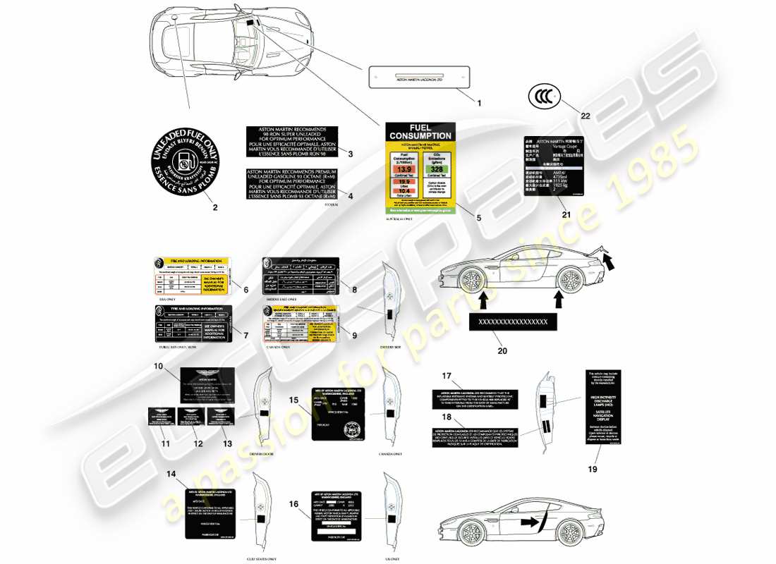 aston martin v8 vantage (2005) diagrama de piezas de etiquetas exteriores