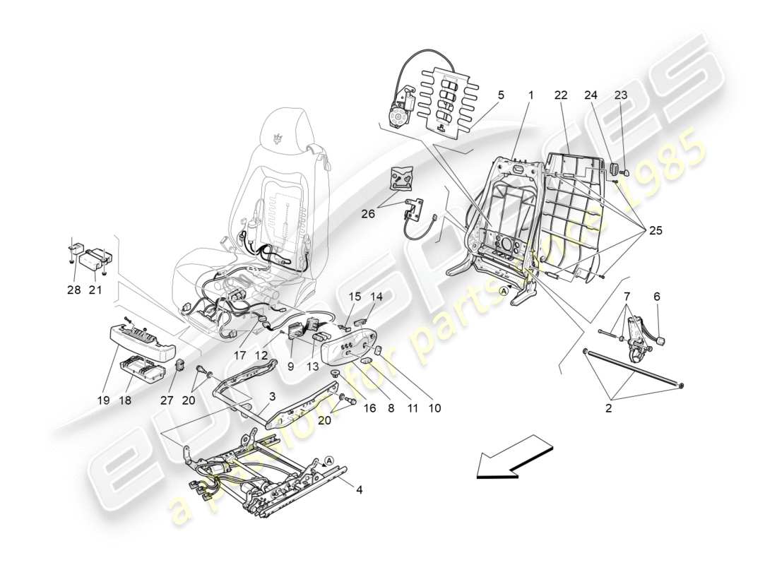 maserati granturismo (2015) asientos delanteros: mecánica y electrónica diagrama de piezas