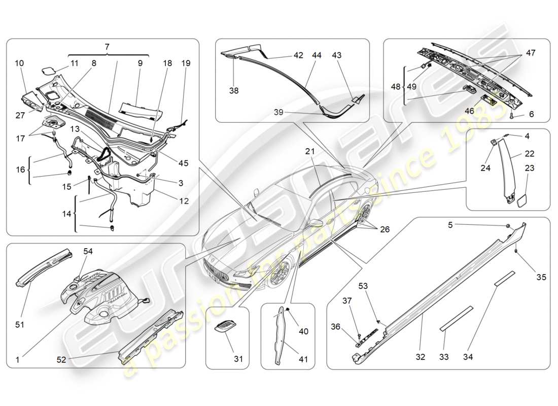 maserati qtp 3.0 bt v6 410hp (2014) diagrama de piezas de escudos, molduras y paneles de cobertura