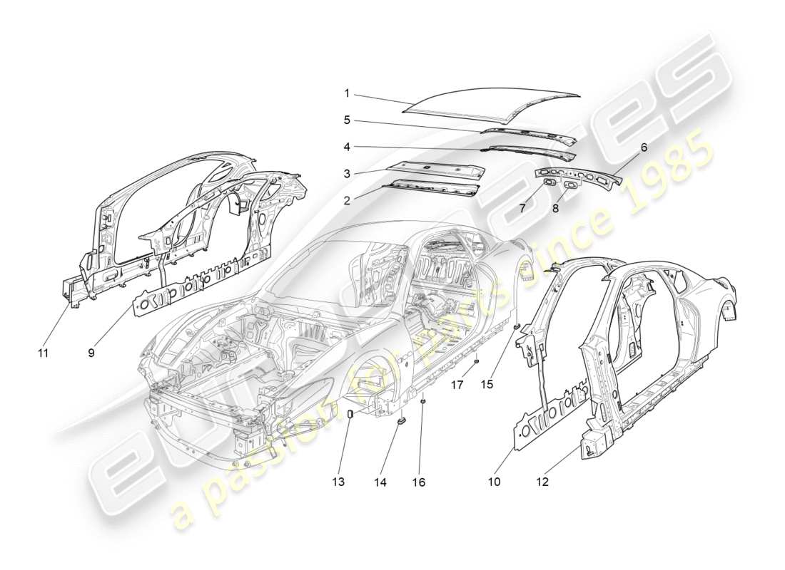 maserati granturismo (2014) carrocería y paneles exteriores centrales diagrama de piezas