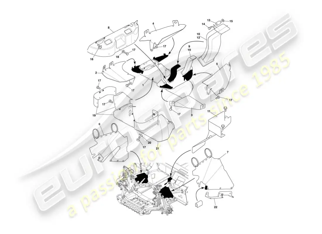 aston martin vanquish (2004) deflectores y escudos térmicos diagrama de piezas