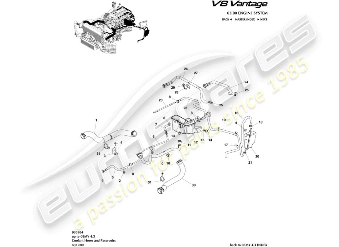 aston martin v8 vantage (2018) diagrama de piezas del depósito y mangueras de refrigerante