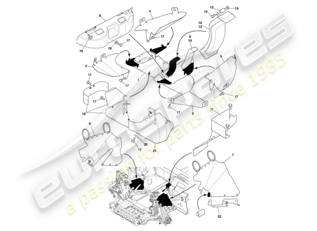 aston martin vanquish (2007) deflectores y escudos térmicos diagrama de piezas