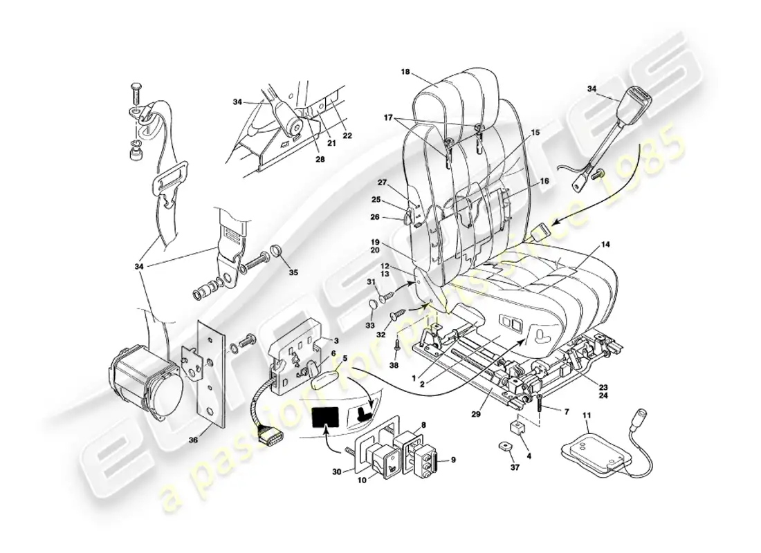 aston martin v8 volante (1998) asientos delanteros y cinturones diagrama de piezas