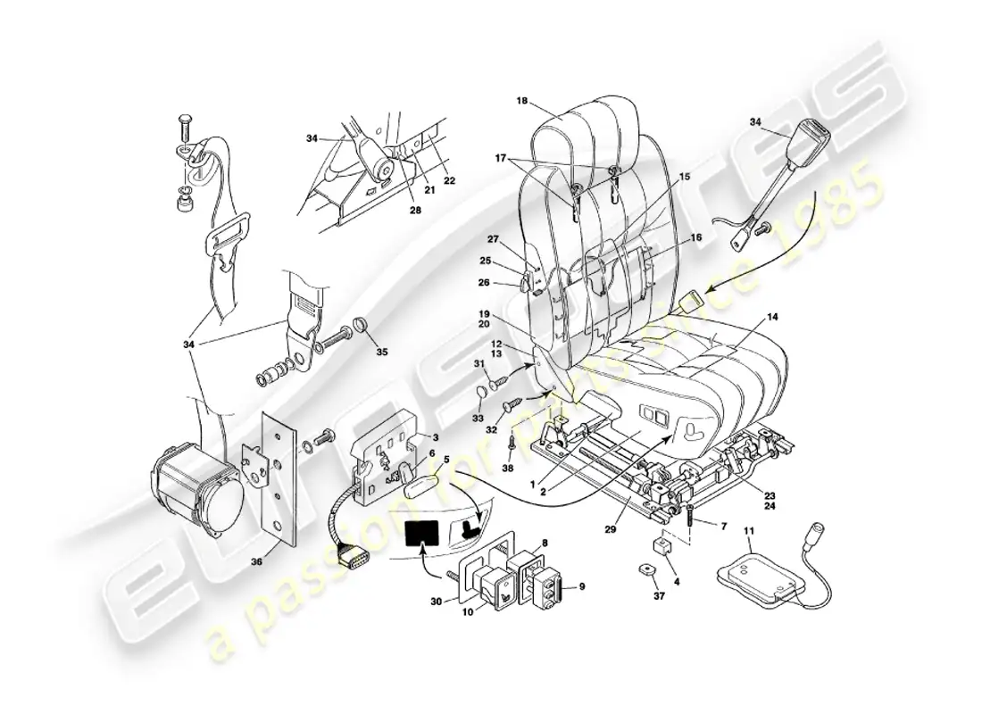 aston martin v8 volante (1997) asientos delanteros y cinturones diagrama de piezas