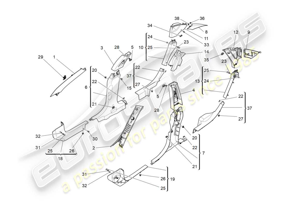 maserati qtp 3.0 bt v6 410hp (2014) diagrama de piezas de paneles laterales y embellecedores del pilar b del compartimento de pasajeros