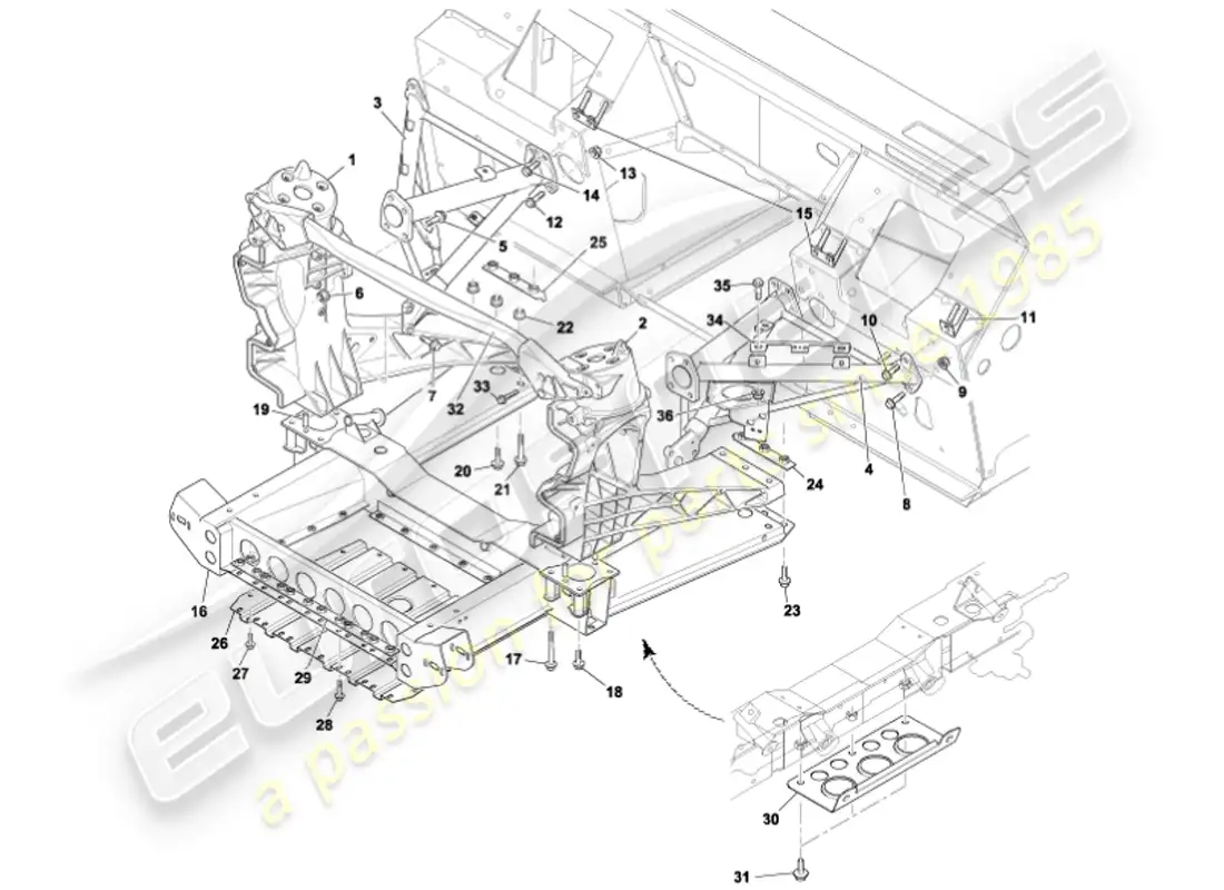 aston martin vanquish (2001) estructura de soporte del cuerpo delantero diagrama de piezas