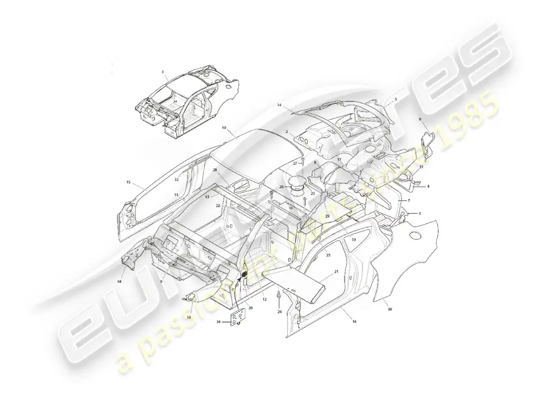 aston martin vanquish (2006) estructura del cuerpo diagrama de piezas