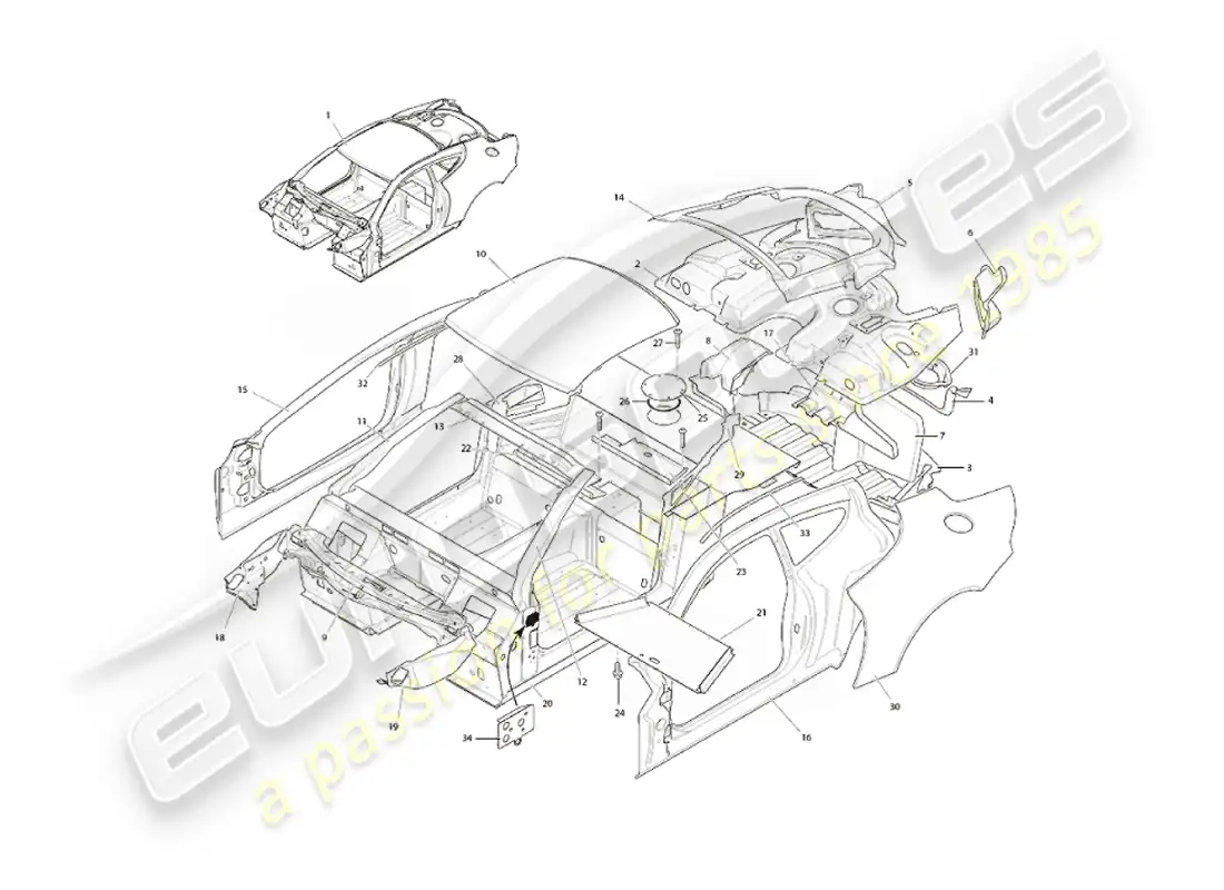 aston martin vanquish (2003) estructura del cuerpo diagrama de piezas