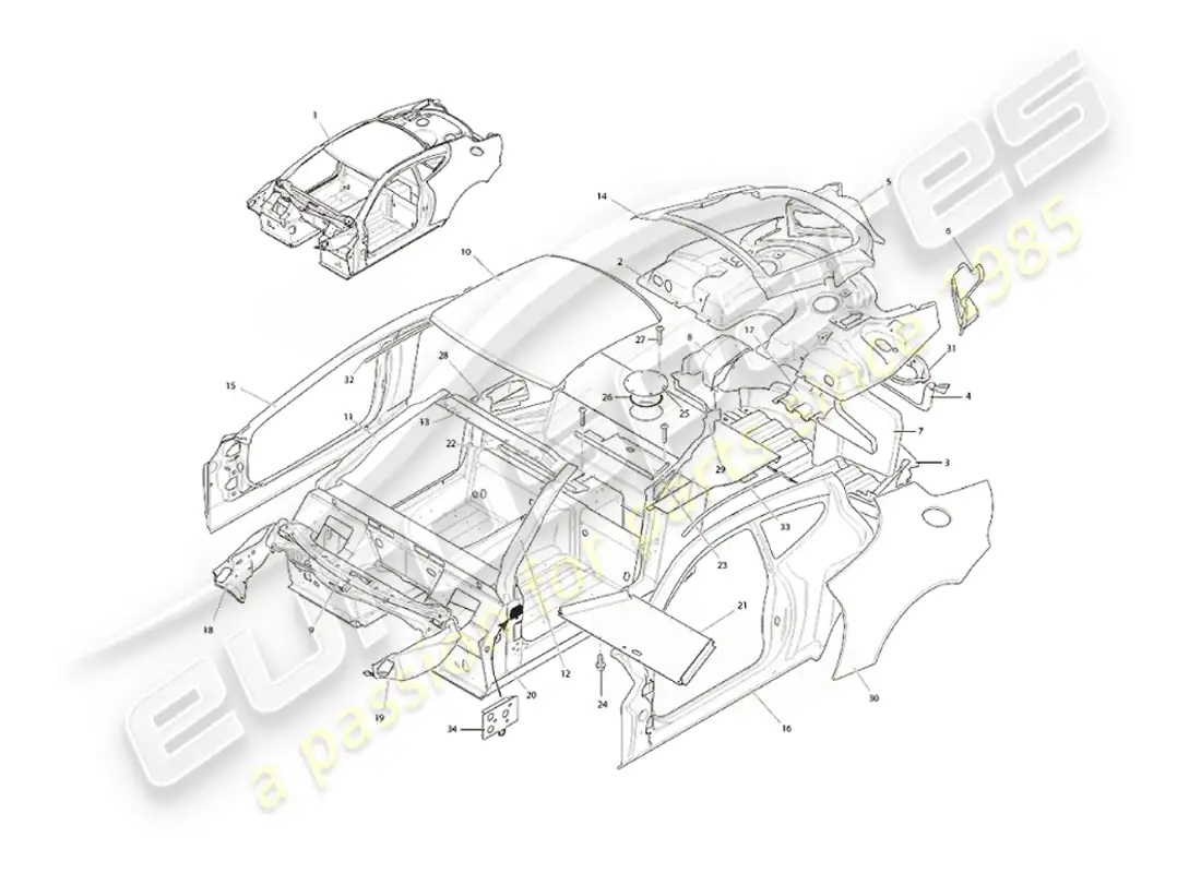 aston martin vanquish (2004) estructura del cuerpo diagrama de piezas